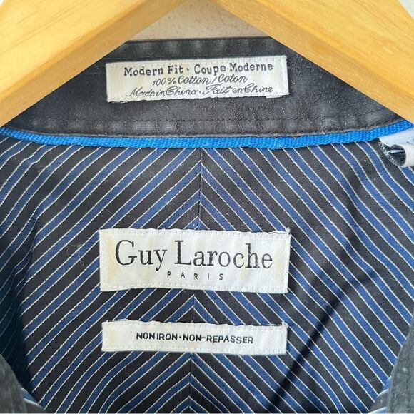 Guy Laroche Vtg Navy Black Stripe Modern‎ Fit Cotton Short Sleeve Dress Shirt - Picture 6 of 7
